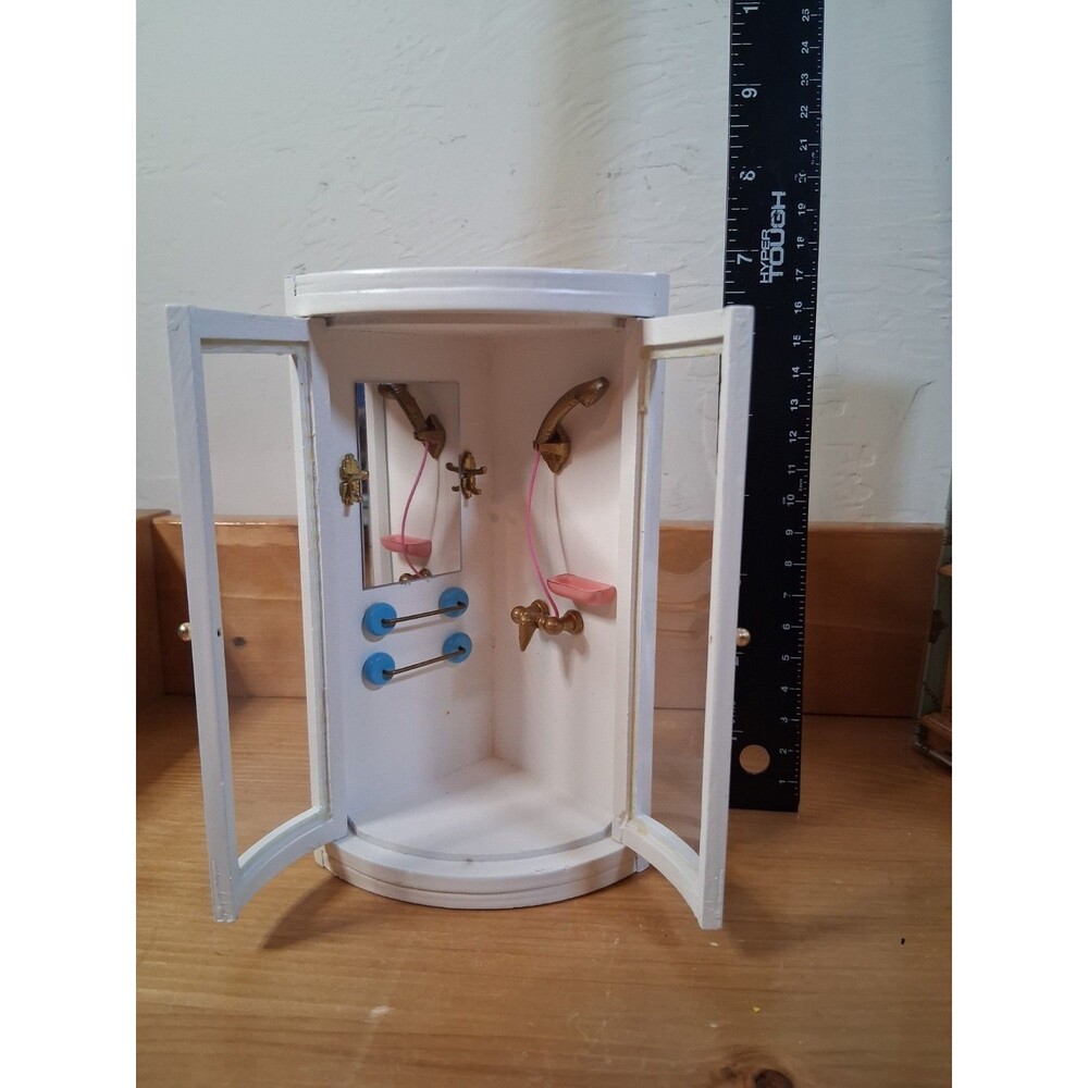 Dollhouse Miniature Wood Bathroom Corner Shower with Doors Hand Held Shower 6.5"